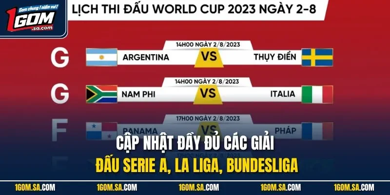 Cập nhật đầy đủ các giải đấu Serie A, La Liga, Bundesliga